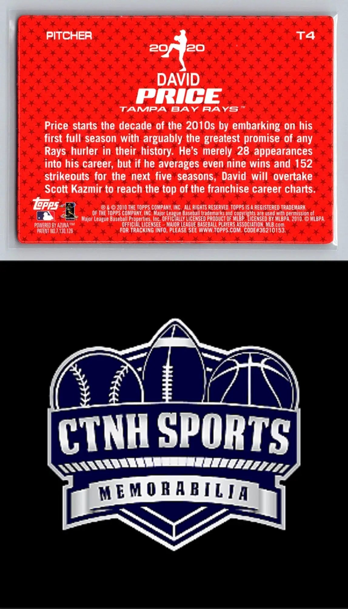 Back of 2010 Topps #T4 David Price baseball card showcasing Tampa Bay Rays details