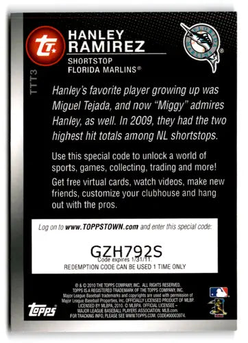 Baseball card back from 2010 Topps Ticket to Topps Town Hanley Ramirez Marlins