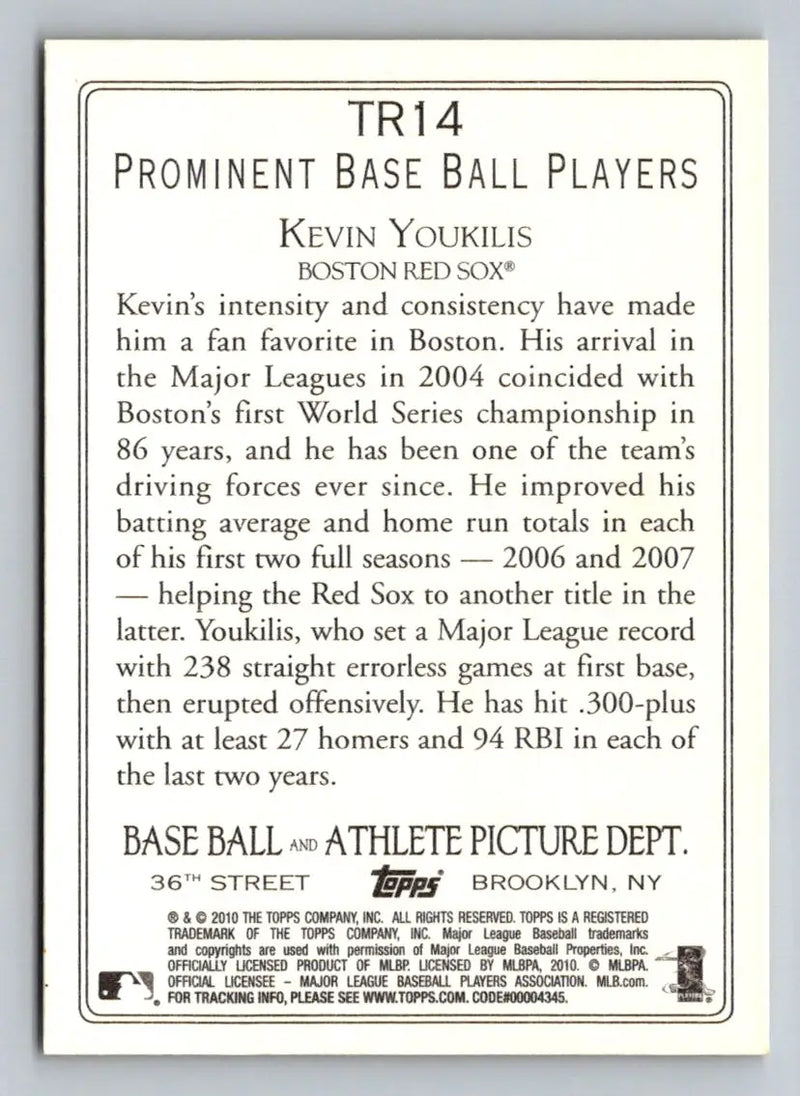 Back of 2010 Topps #TR14 Kevin Youkilis Turkey Red Boston Red Sox baseball card