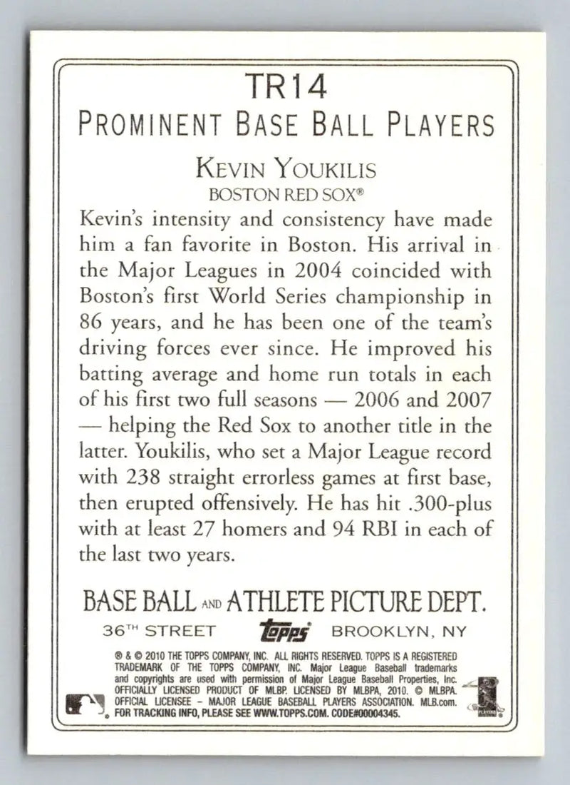 Back of 2010 Topps TR14 Kevin Youkilis Turkey Red Boston Red Sox baseball card