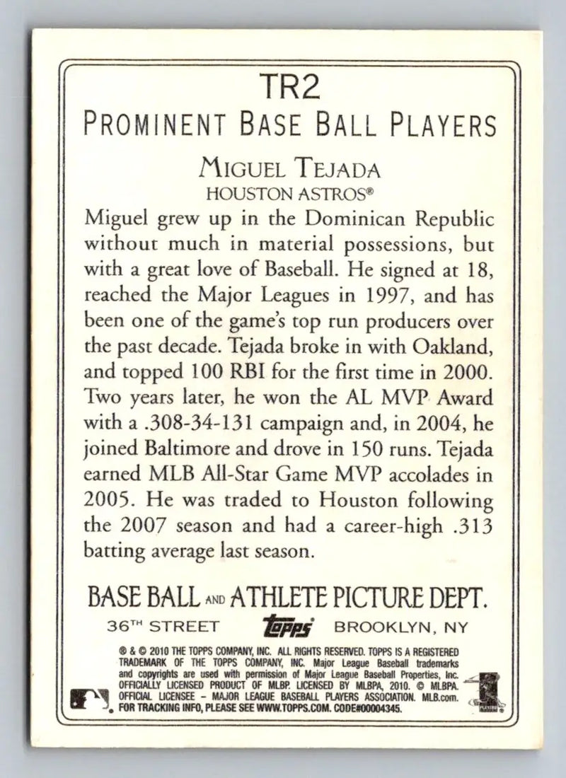 Back of 2010 Topps TR2 Miguel Tejada Turkey Red Houston Astros baseball card