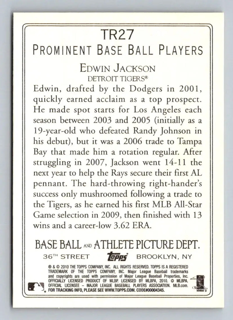 Baseball card back of 2010 Topps TR27 Edwin Jackson Turkey Red Detroit Tigers