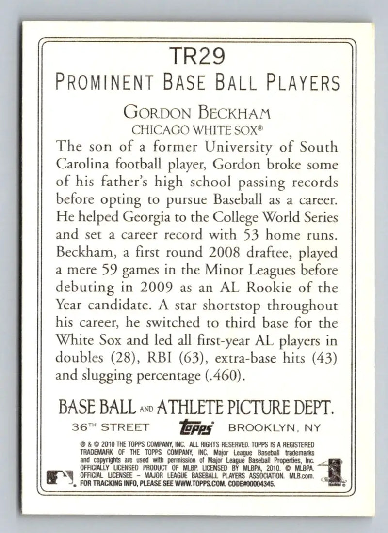 Back of 2010 Topps TR29 Gordon Beckham Turkey Red Chicago White Sox baseball card
