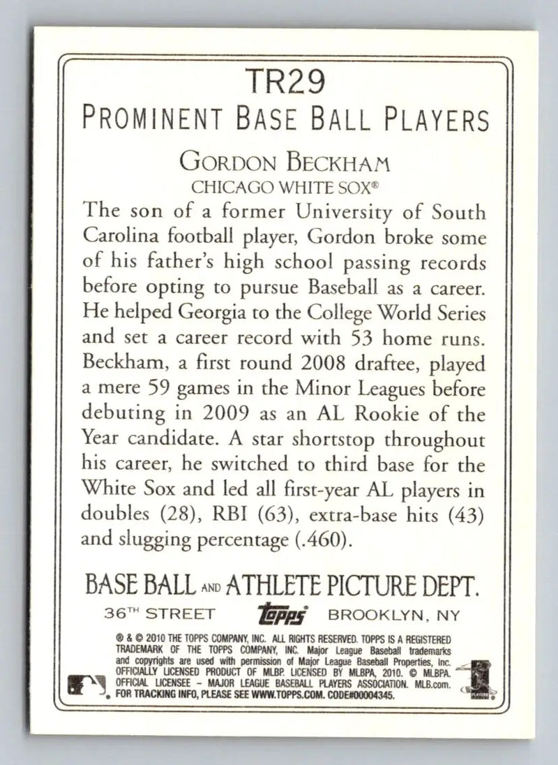 Back of the 2010 Topps #TR29 Gordon Beckham Turkey Red baseball card from Chicago White Sox