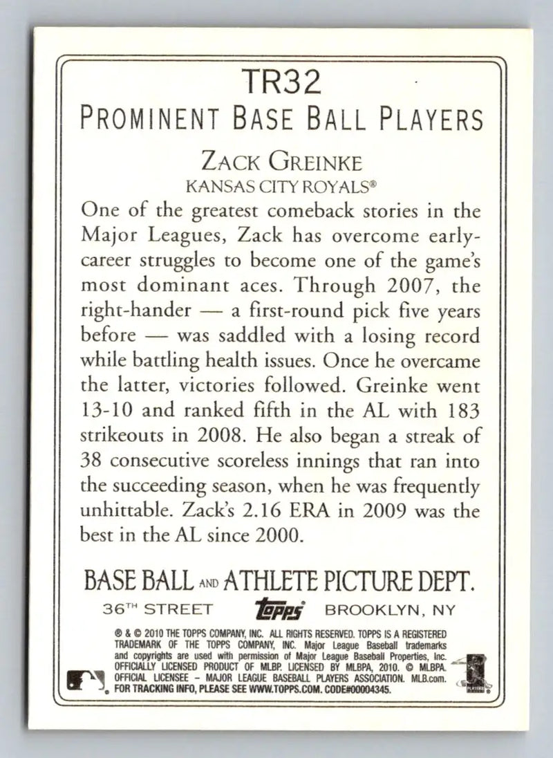 Back of 2010 Topps TR32 Zack Greinke Turkey Red Kansas City Royals baseball card