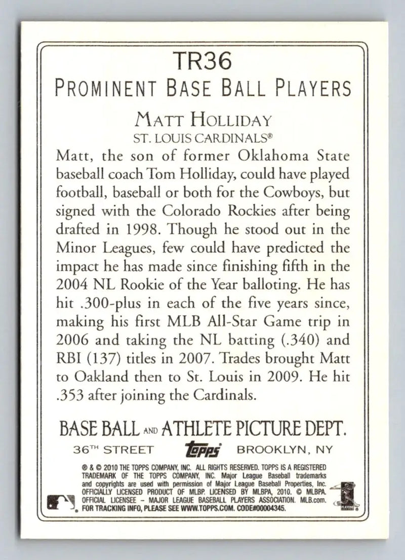 Baseball card back of 2010 Topps TR36 Matt Holliday Turkey Red St. Louis Cardinals