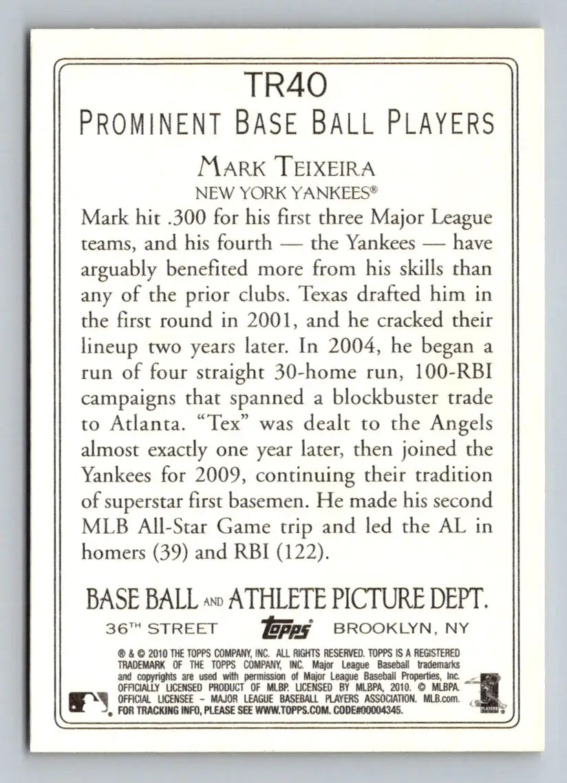 Back of 2010 Topps TR40 Mark Teixeira Turkey Red New York Yankees baseball card