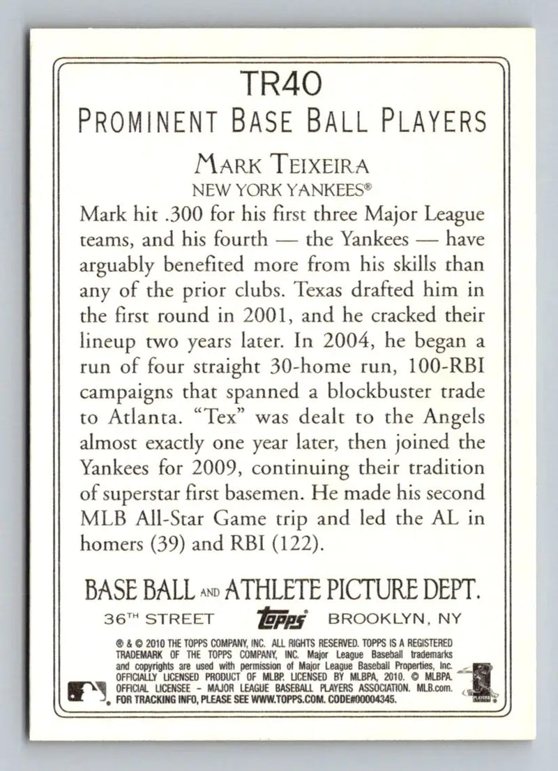 Back of 2010 Topps TR40 Mark Teixeira Turkey Red New York Yankees baseball card