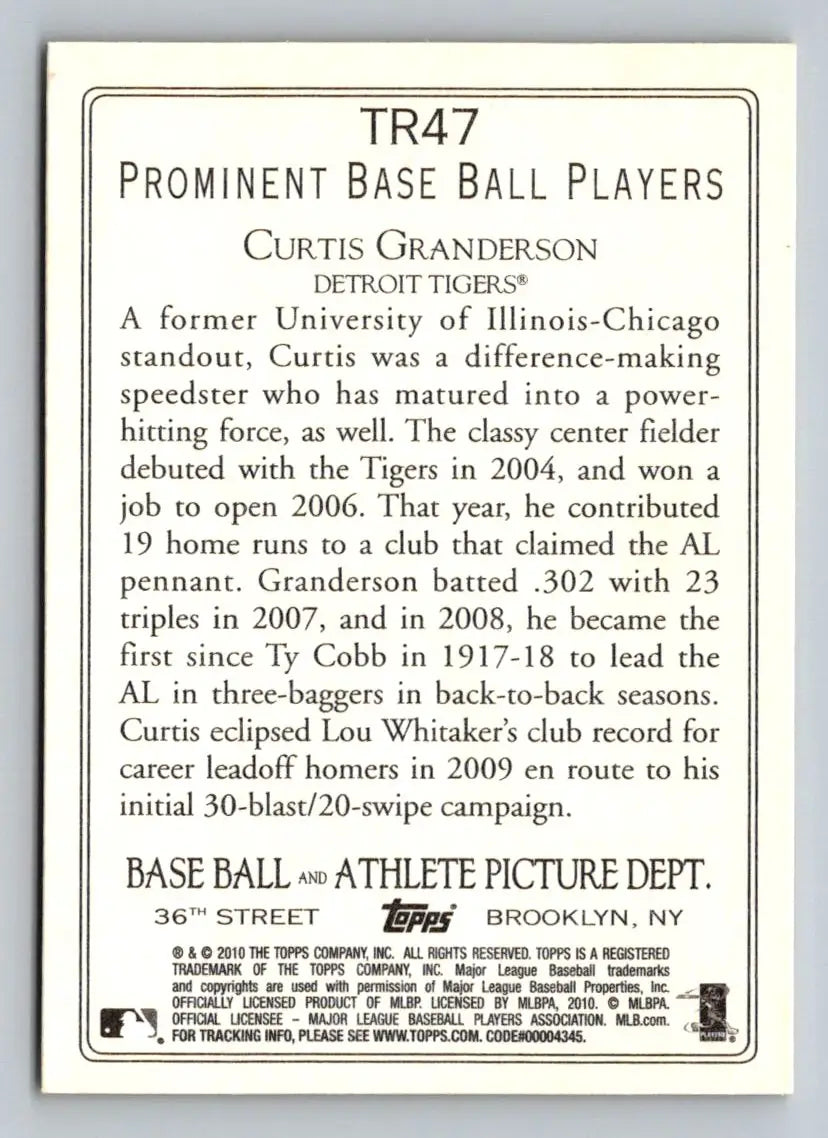 Baseball card back of 2010 Topps TR47 Curtis Granderson Turkey Red Detroit Tigers