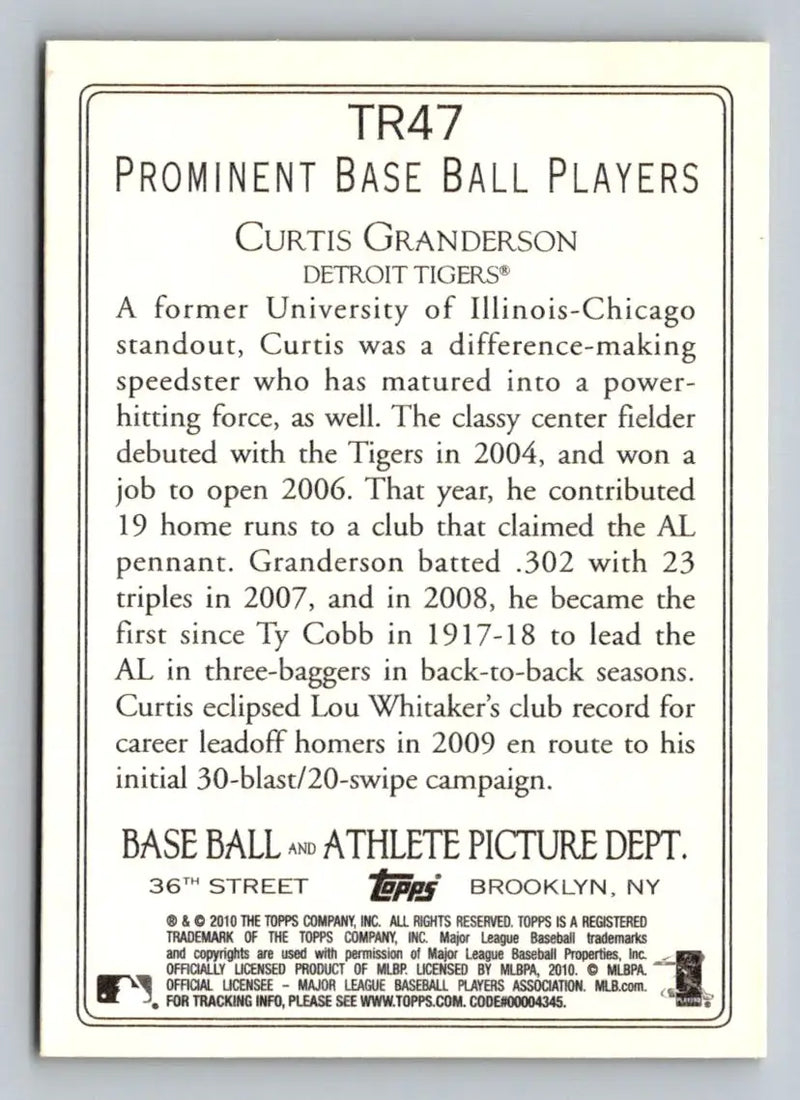 Baseball card back of 2010 Topps TR47 Curtis Granderson Turkey Red Detroit Tigers