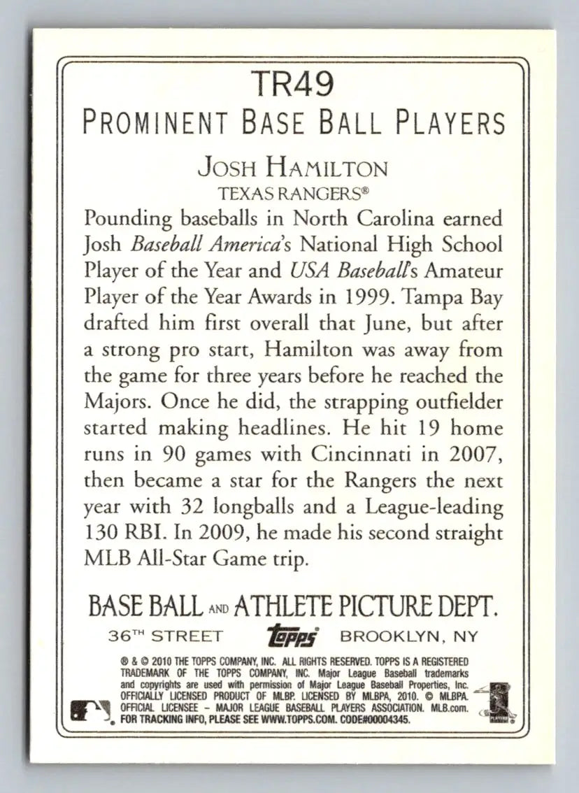 Back of 2010 Topps TR49 Josh Hamilton Turkey Red baseball card for Texas Rangers