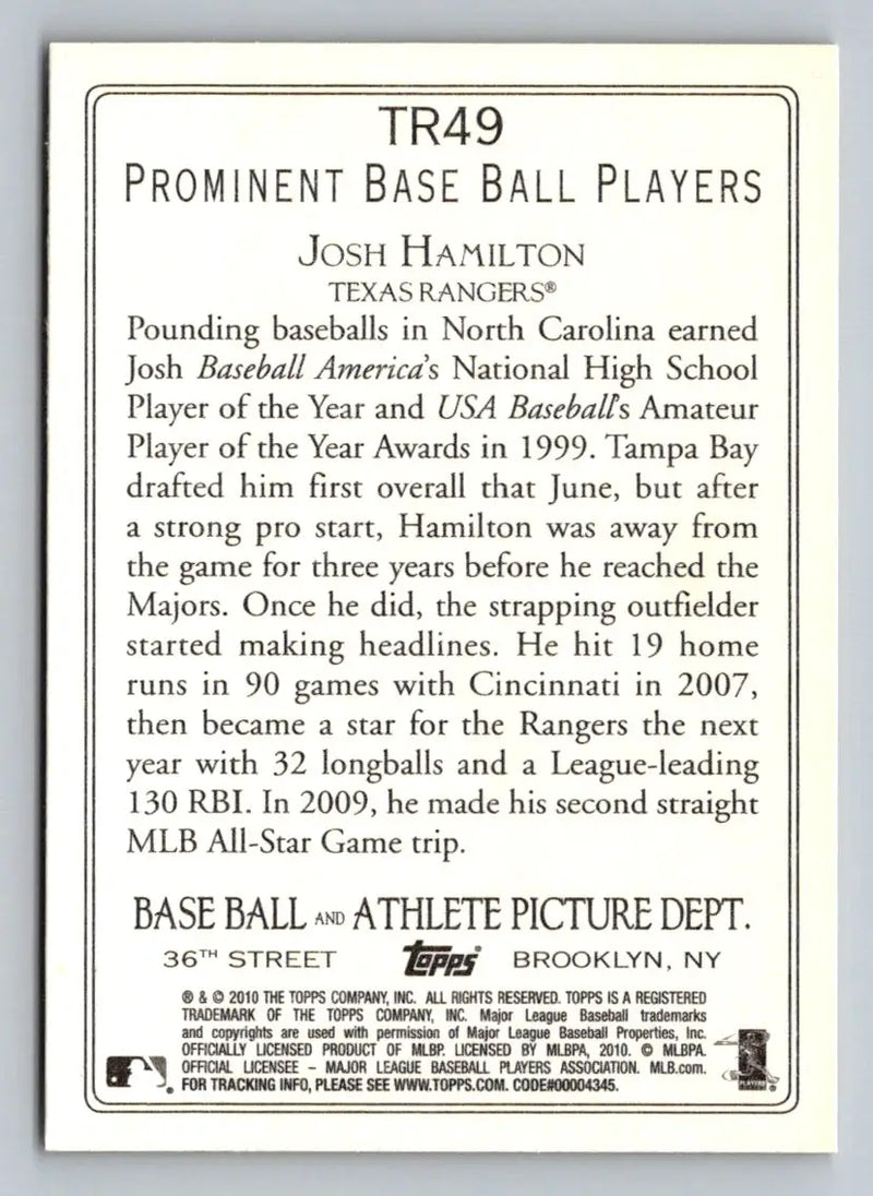 Back of 2010 Topps TR49 Josh Hamilton Turkey Red baseball card for Texas Rangers