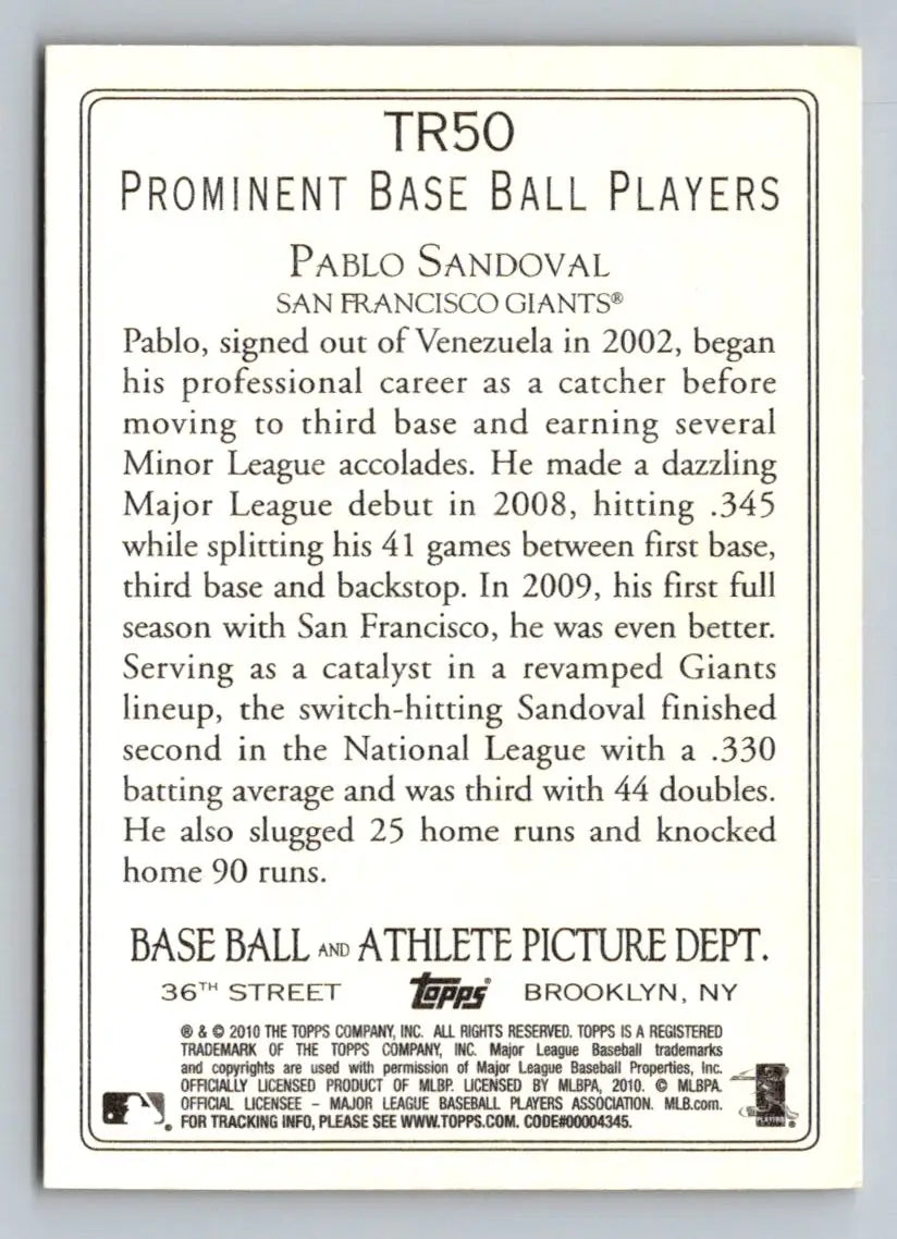 Baseball card back of 2010 Topps TR50 Pablo Sandoval Turkey Red San Francisco Giants