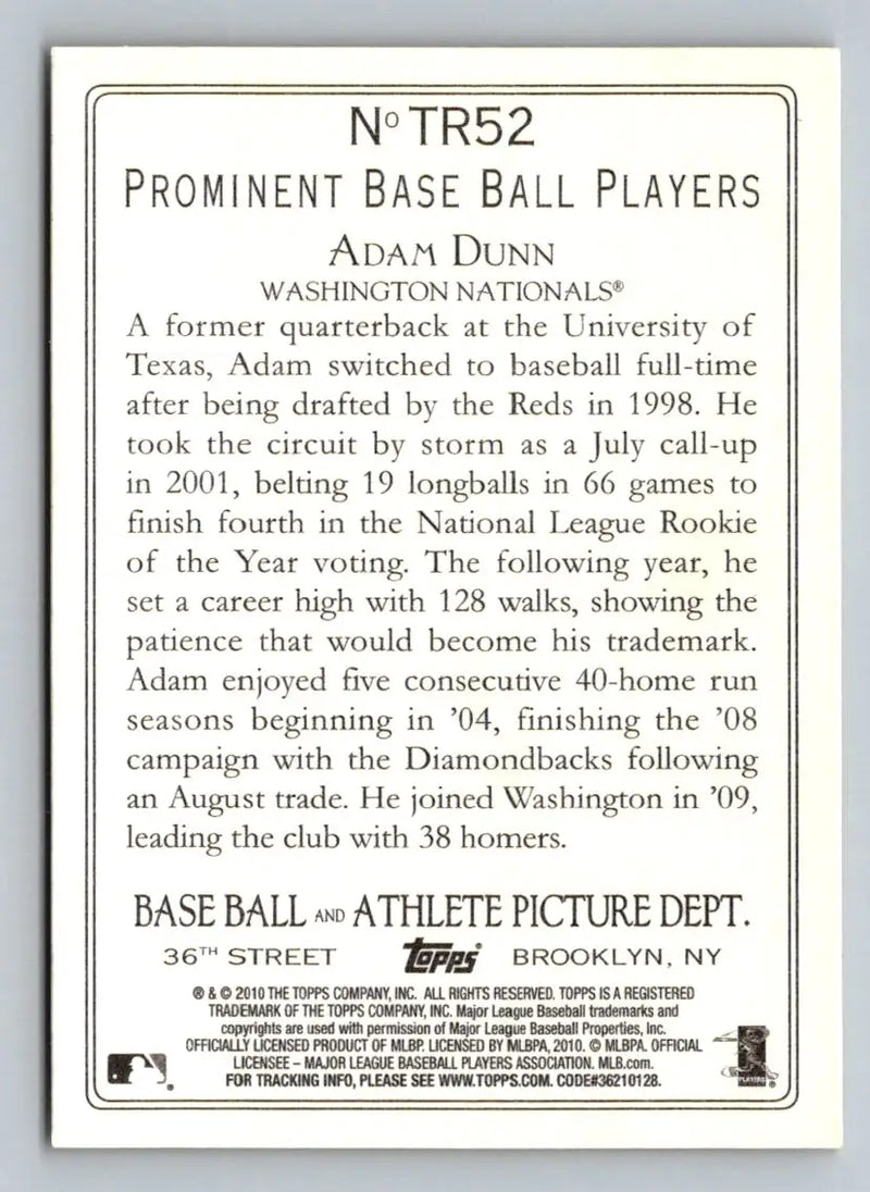 Back of 2010 Topps TR52 Adam Dunn Turkey Red baseball card featuring Washington Nationals