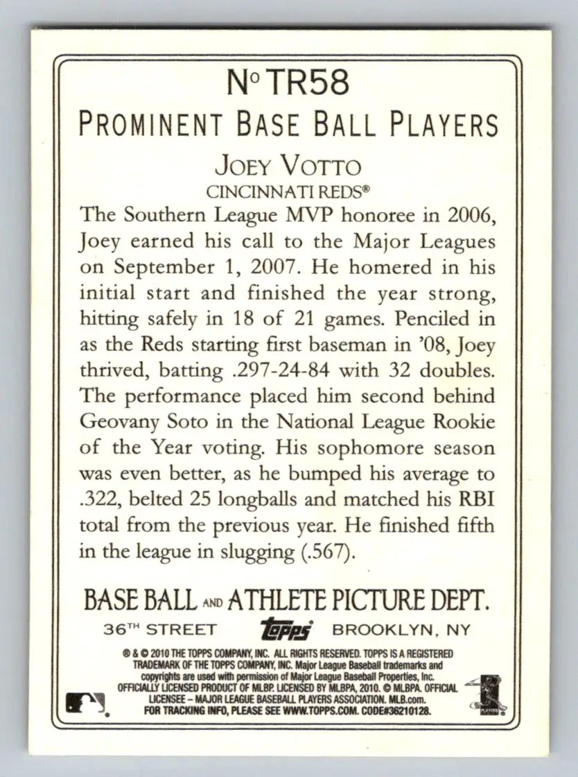 Back of 2010 Topps TR58 Joey Votto Turkey Red baseball card from Cincinnati Reds