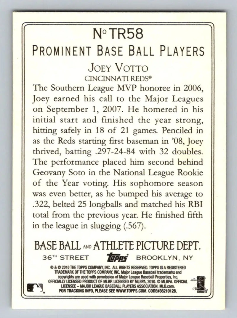Back of 2010 Topps TR58 Joey Votto Turkey Red baseball card from Cincinnati Reds