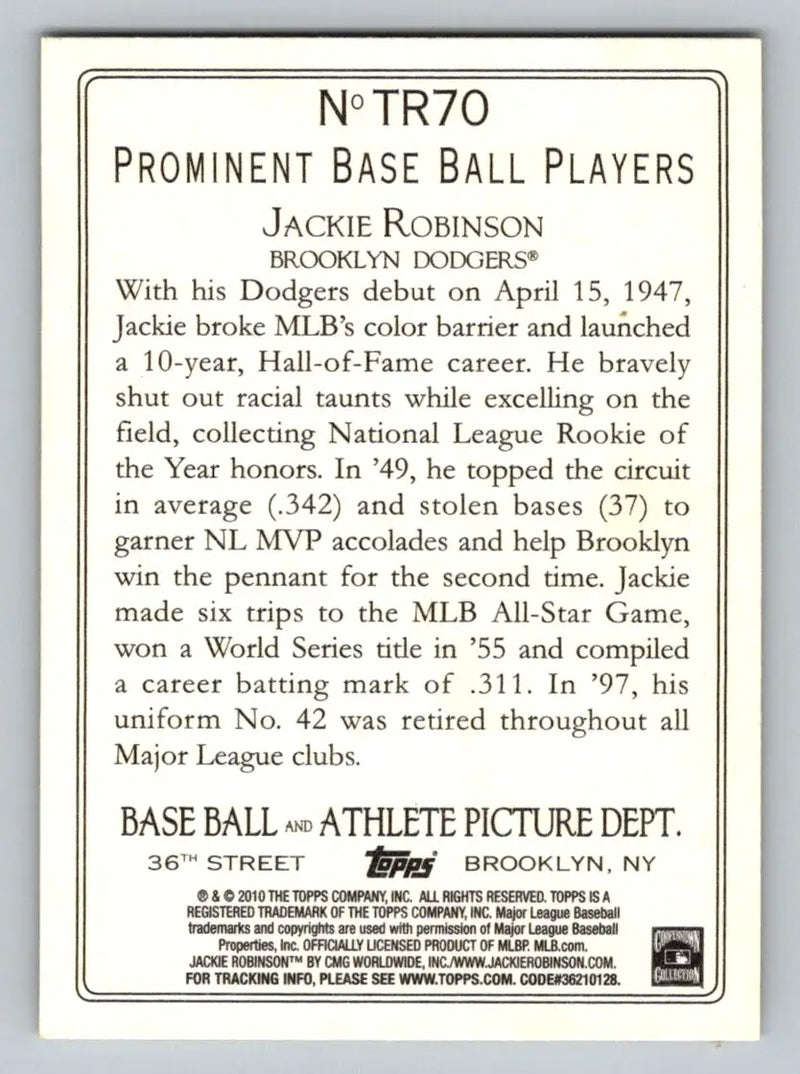 Jackie Robinson Turkey Red card from 2010 Topps TR70 featuring Brooklyn Dodgers player