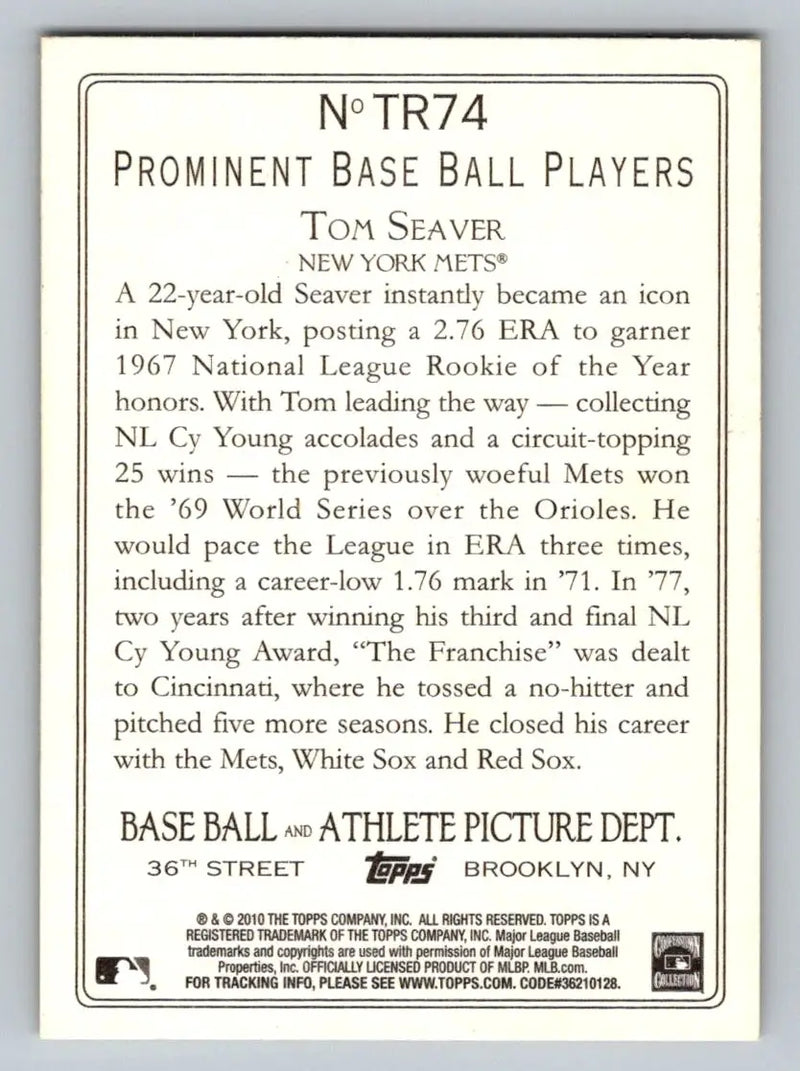 Back view of the 2010 Topps TR74 Tom Seaver Turkey Red baseball card