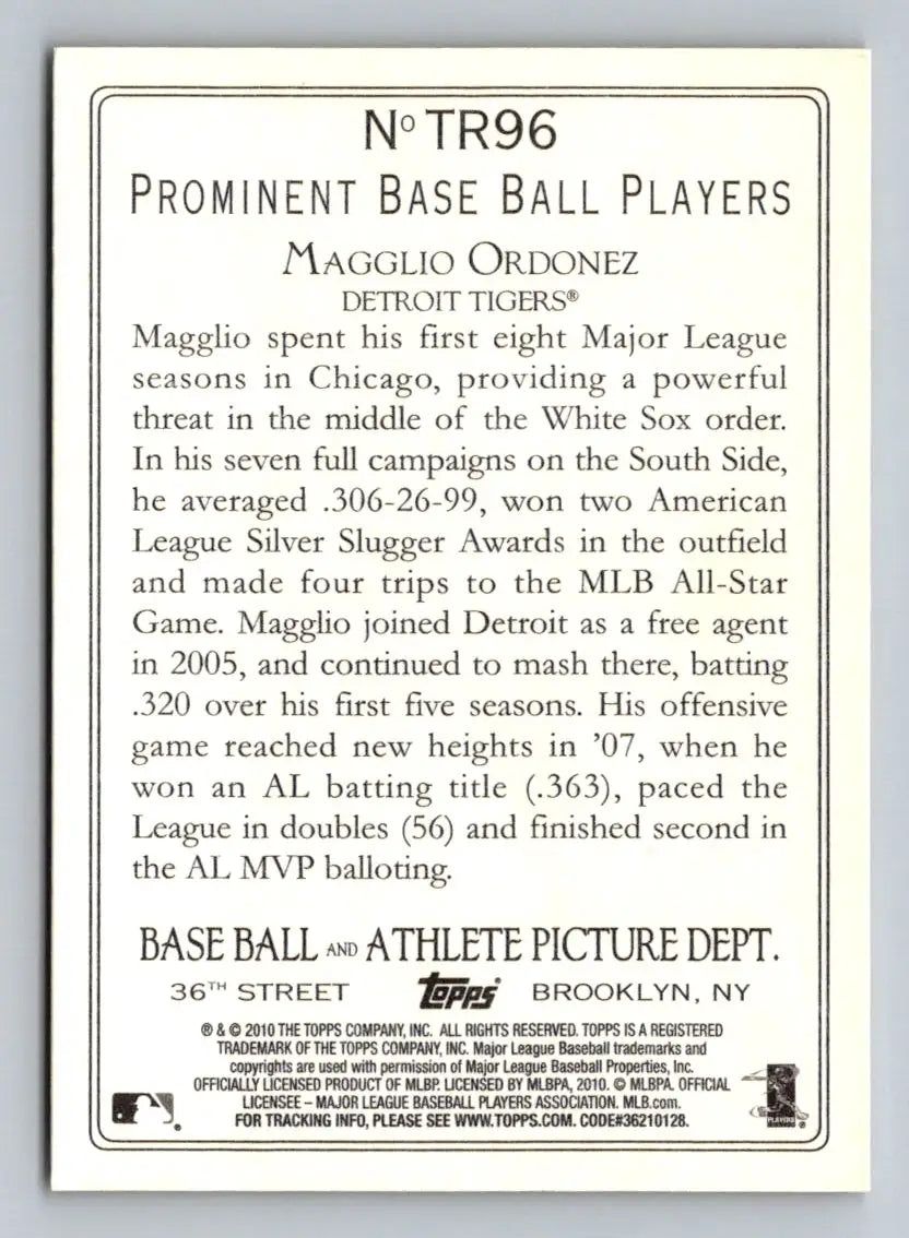Back of 2010 Topps TR96 Magglio Ordonez Turkey Red baseball card for Detroit Tigers