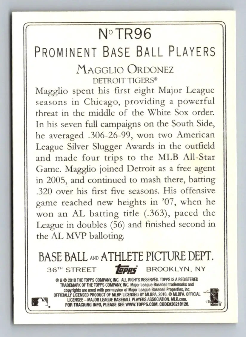 Back of 2010 Topps TR96 Magglio Ordonez Turkey Red baseball card for Detroit Tigers
