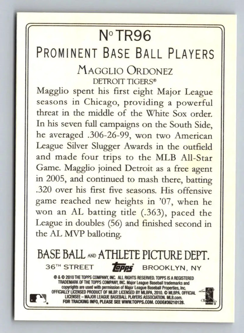 Magglio Ordonez baseball card back from 2010 Topps Turkey Red TR96 series