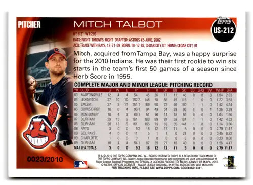 Mitch Talbot baseball card from 2010 Topps Update Gold series displaying Indians ID