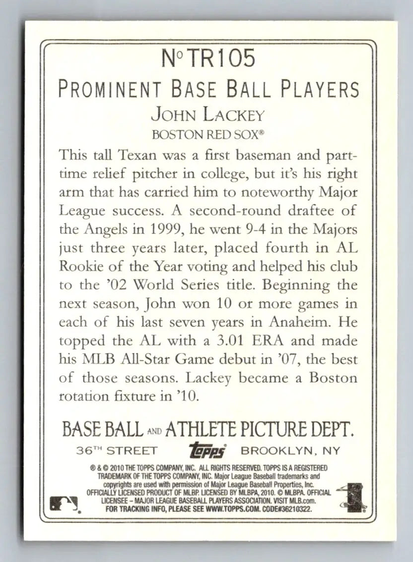 Baseball card back of 2010 Topps Update TR105 John Lackey Turkey Red Boston Red Sox