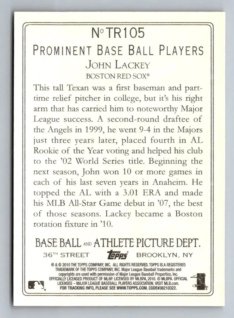 Baseball card back of 2010 Topps Update TR105 John Lackey Turkey Red Boston Red Sox
