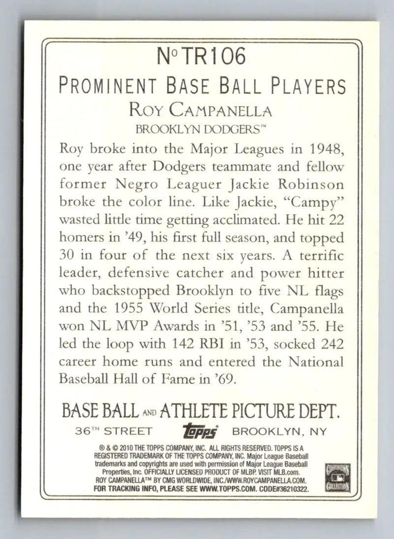 Back of 2010 Topps Update TR106 Roy Campanella Turkey Red baseball card