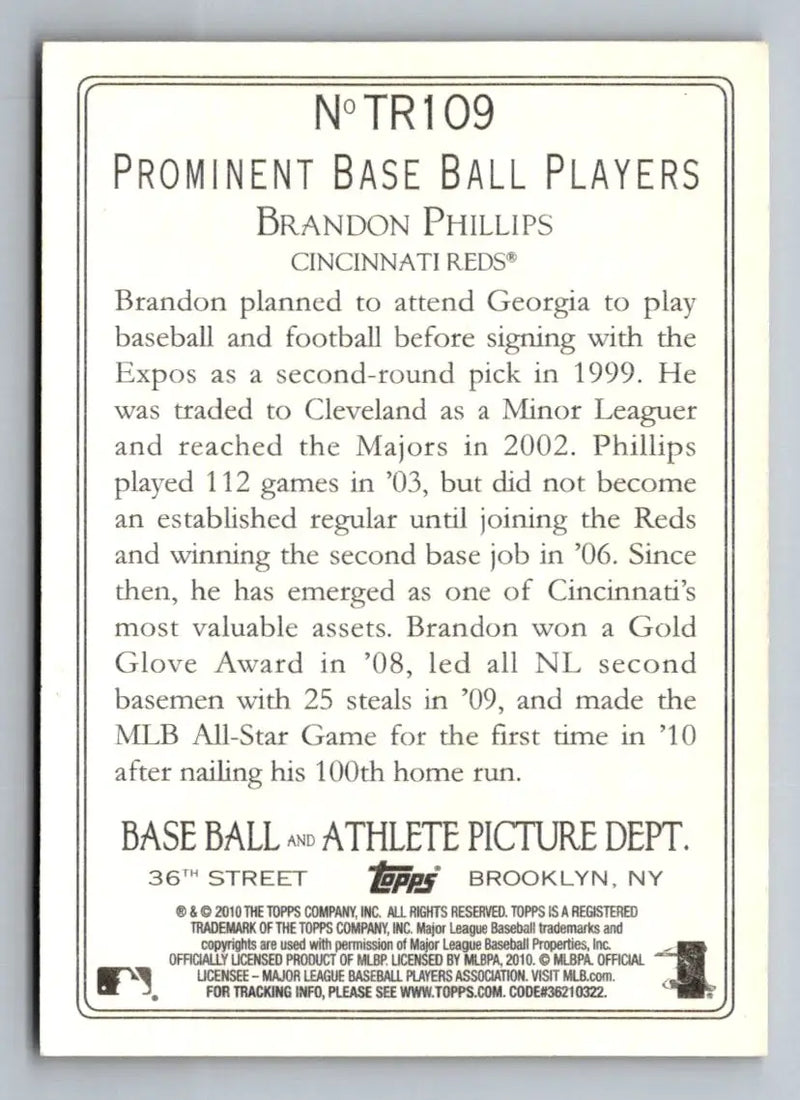 Back of 2010 Topps Update TR109 Brandon Phillips Turkey Red baseball card