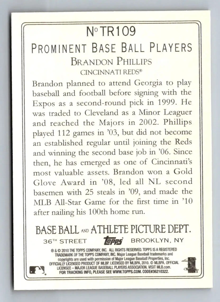 Back of 2010 Topps Update TR109 Brandon Phillips Turkey Red baseball card showing stats