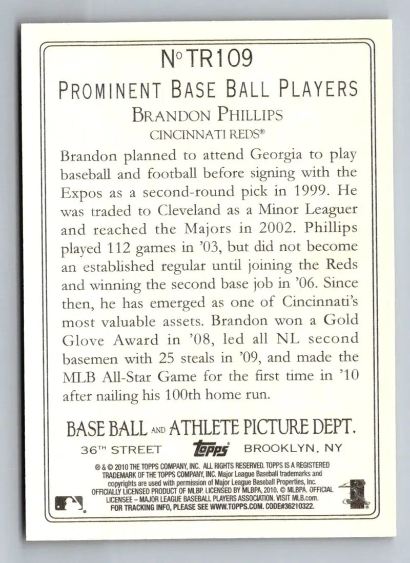 Back of 2010 Topps Update TR109 Brandon Phillips Turkey Red baseball card showing stats