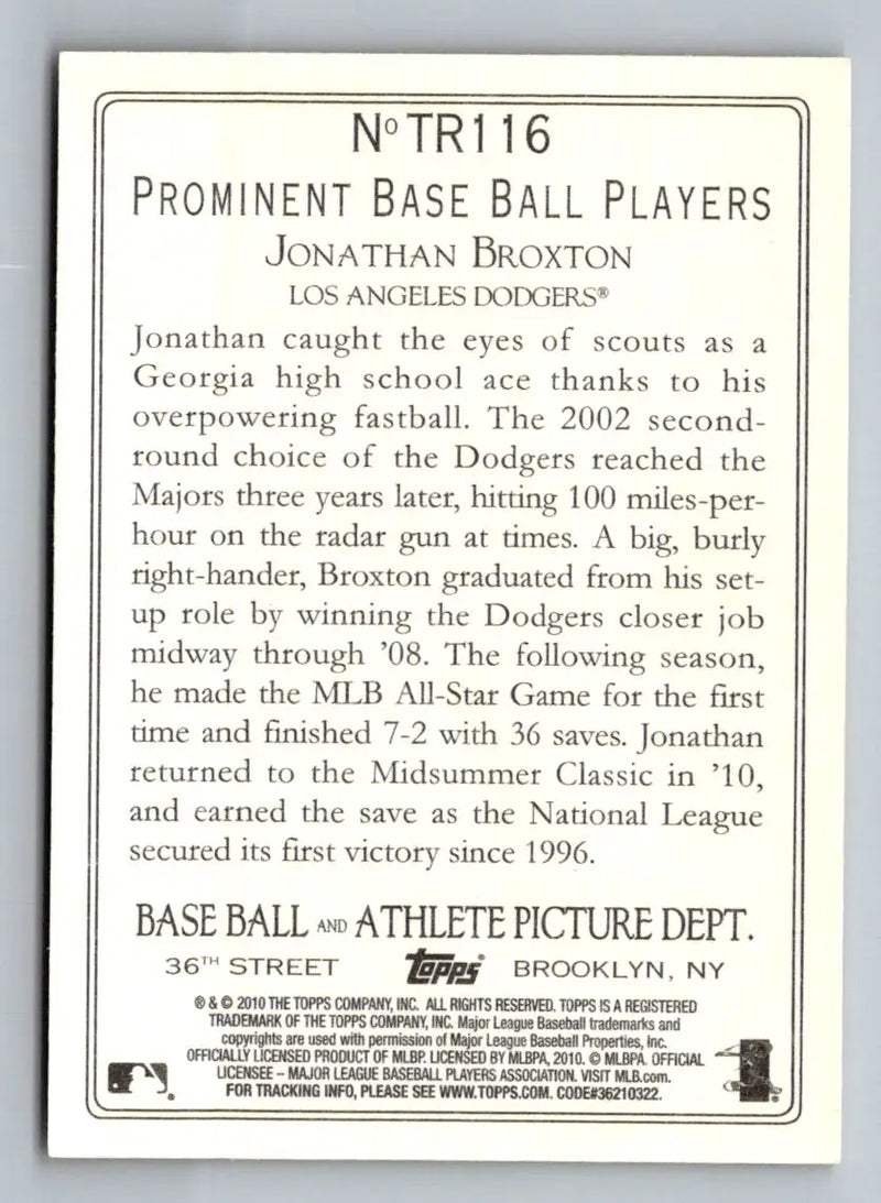 Back of 2010 Topps Update TR116 Jonathan Broxton Turkey Red Los Angeles Dodgers card