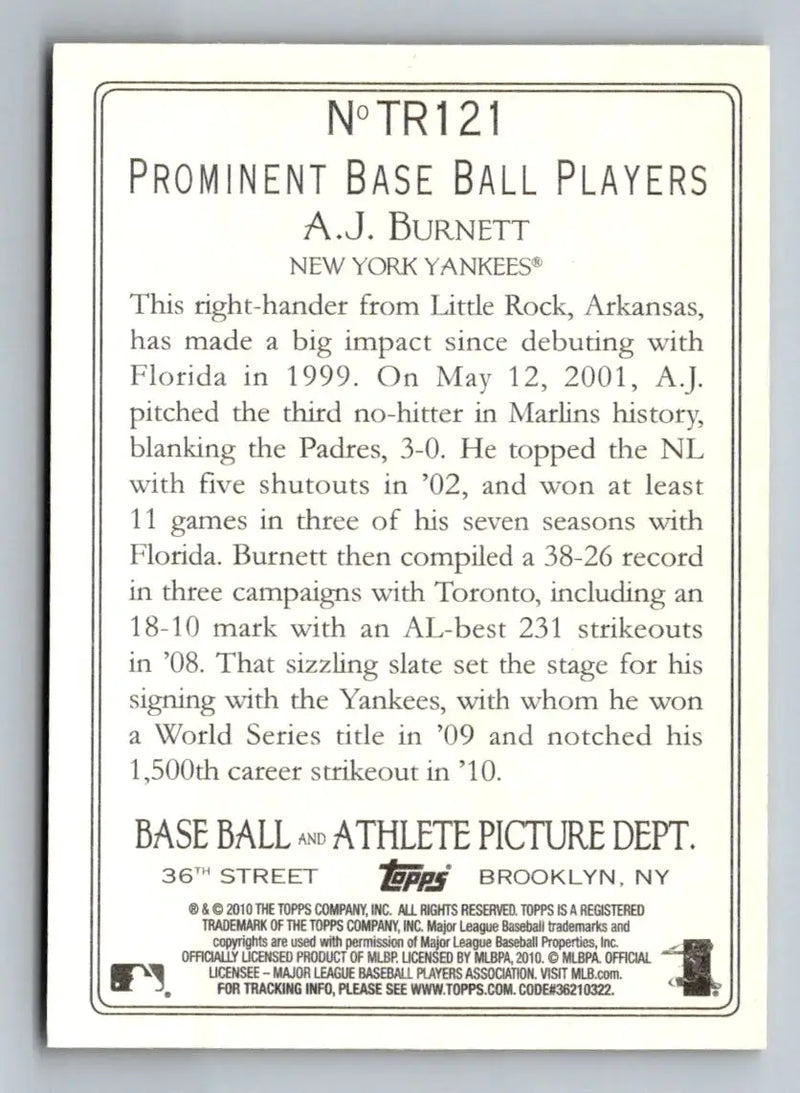 Back of 2010 Topps Update A.J. Burnett Turkey Red baseball card New York Yankees