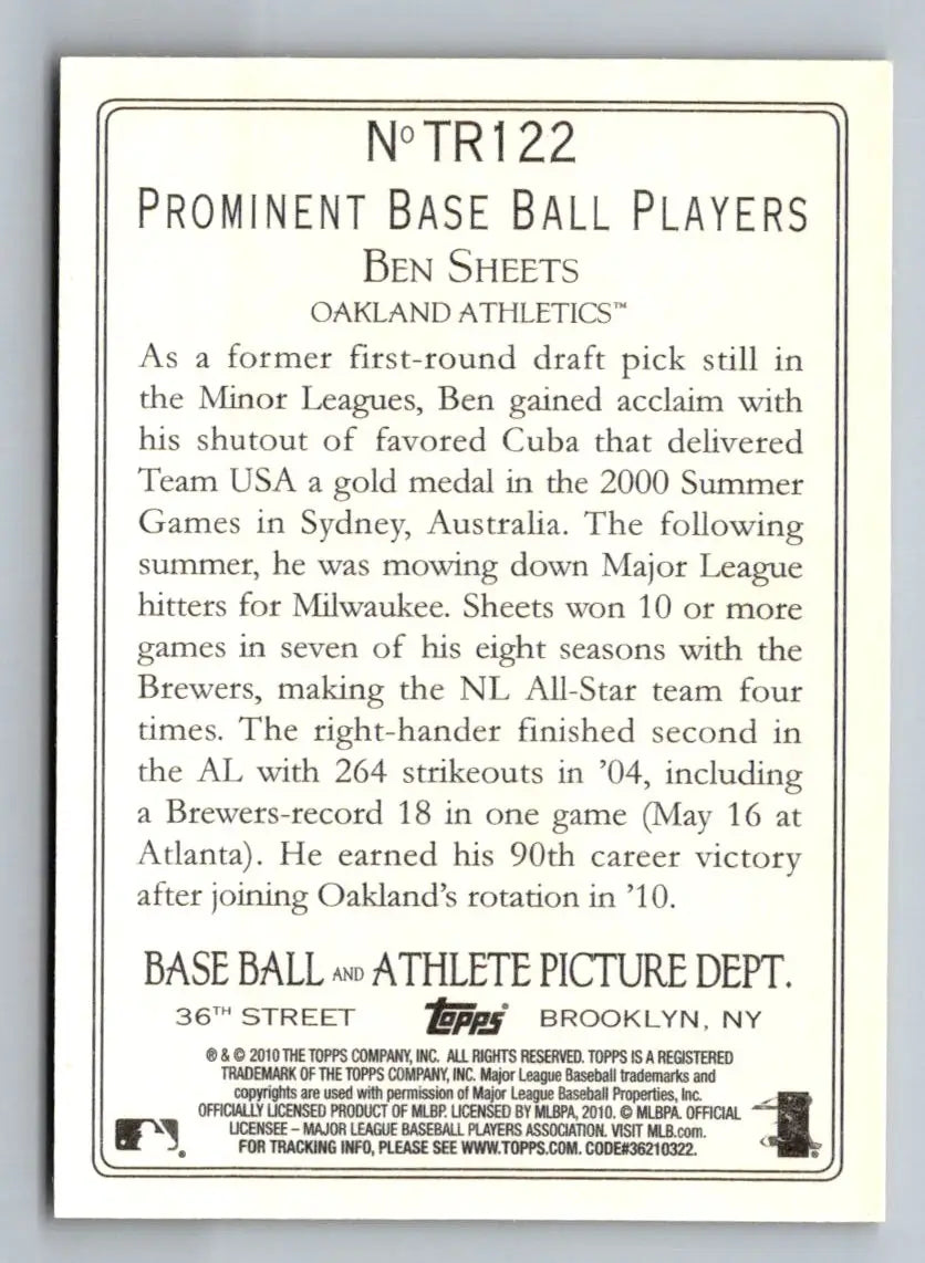 Baseball card back of 2010 Topps Update TR122 Ben Sheets Turkey Red Oakland Athletics