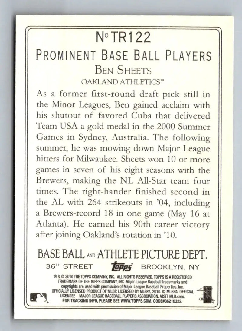 Baseball card back of 2010 Topps Update TR122 Ben Sheets Turkey Red Oakland Athletics