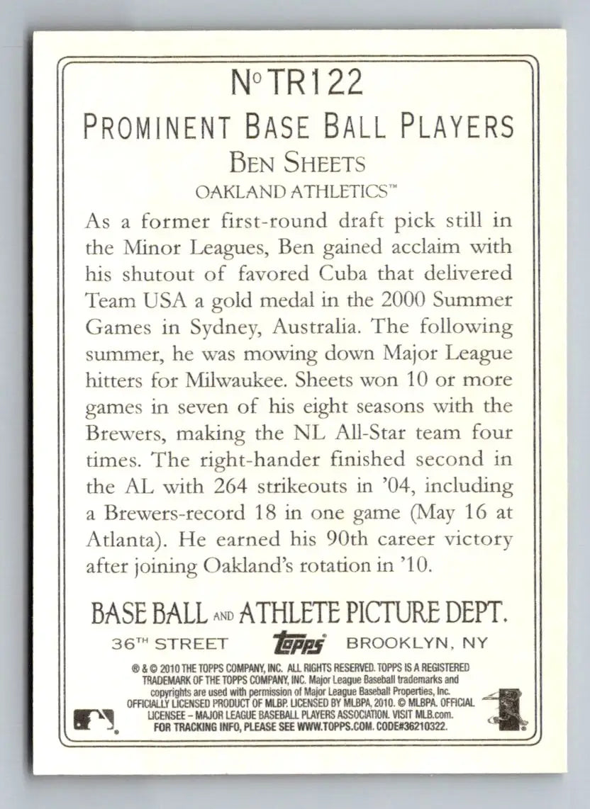 Back of 2010 Topps Update #TR122 Ben Sheets Turkey Red baseball card featuring Oakland Athletics