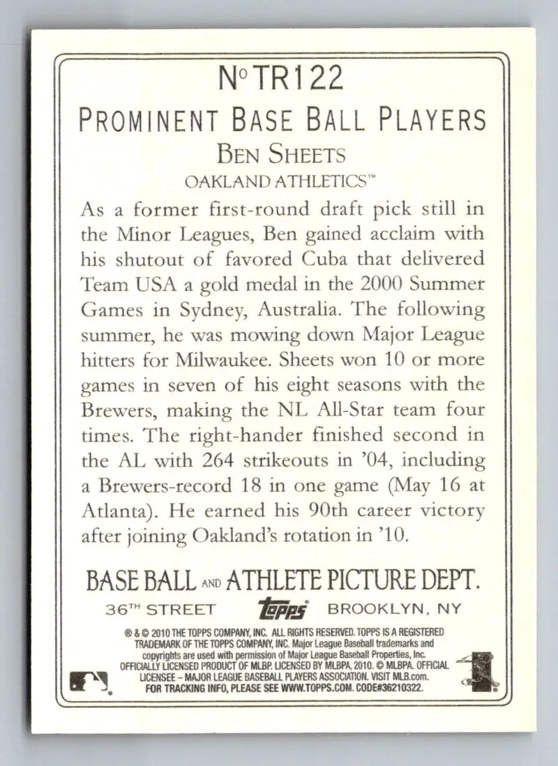 Back of 2010 Topps Update #TR122 Ben Sheets Turkey Red baseball card featuring Oakland Athletics