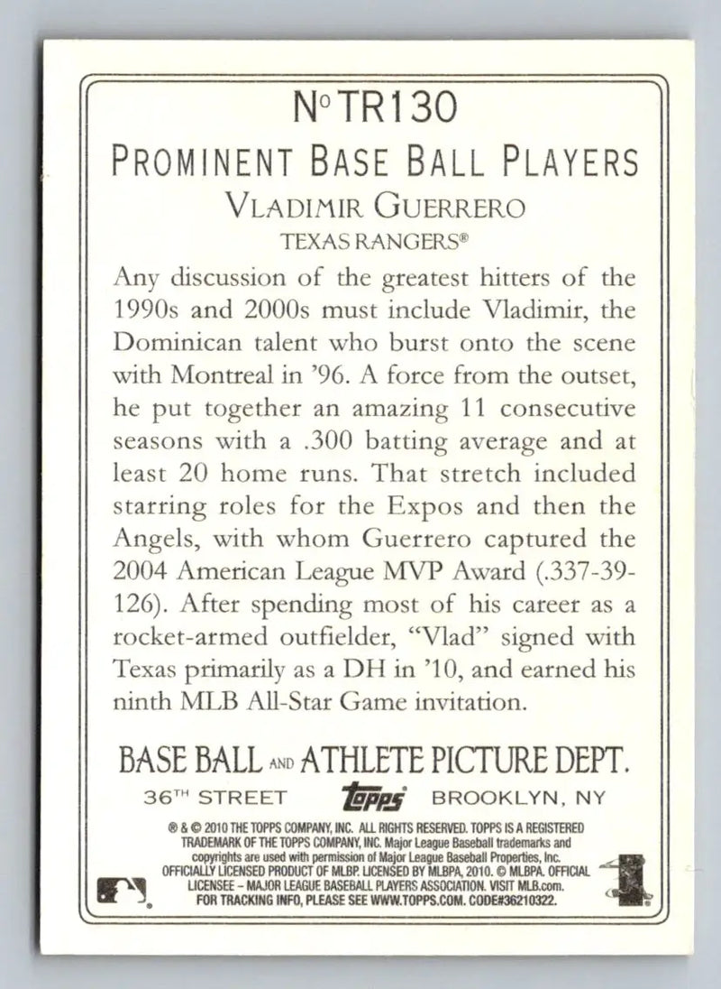 Vladimir Guerrero 2010 Topps Update TR130 Turkey Red Texas Rangers baseball card