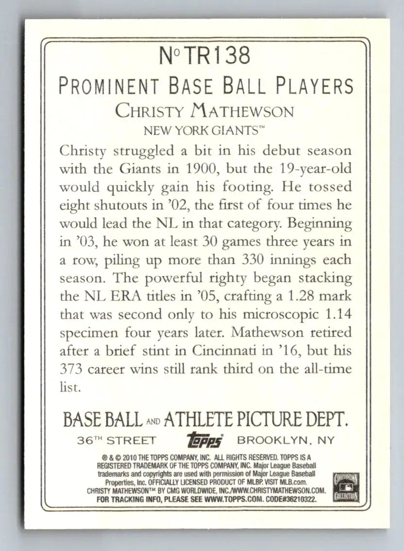 Back of the 2010 Topps Update TR138 Christy Mathewson Turkey Red baseball card