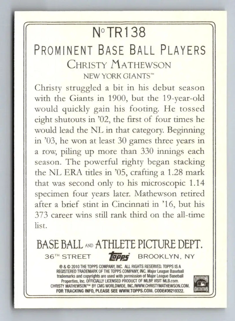 Back of the 2010 Topps Update TR138 Christy Mathewson Turkey Red baseball card