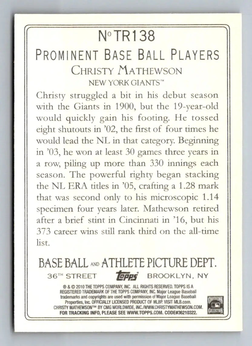 2010 Topps Update TR138 Christy Mathewson Turkey Red baseball card New York Giants