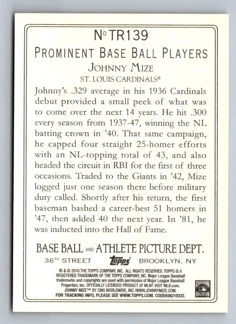Johnny Mize baseball card from 2010 Topps Update TR139 Turkey Red St. Louis Cardinals
