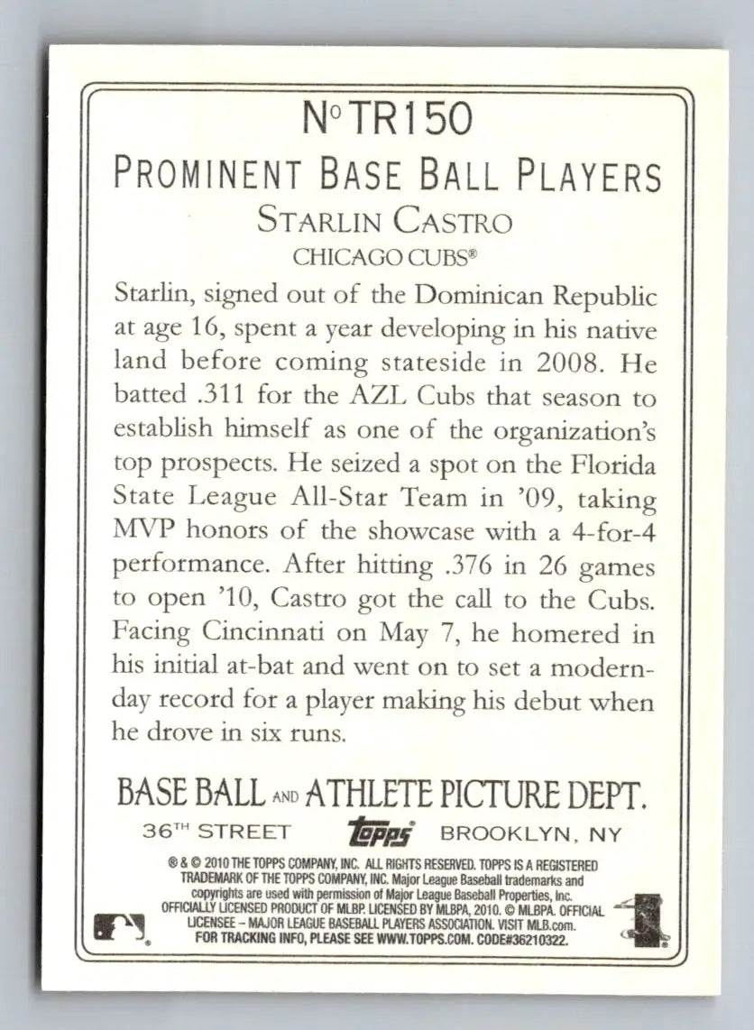 Starlin Castro baseball card back from 2010 Topps Update TR150 Turkey Red Chicago Cubs