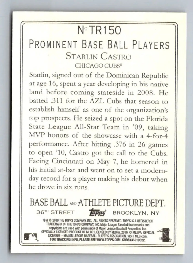 Starlin Castro baseball card back from 2010 Topps Update TR150 Turkey Red Chicago Cubs