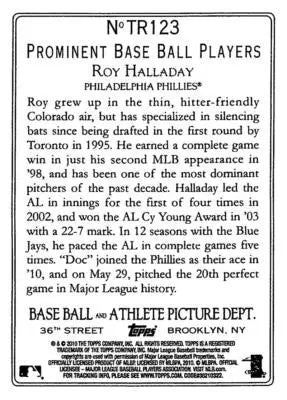 Roy Halladay baseball card back from 2010 Topps Update Turkey Red TR123 NM-MT