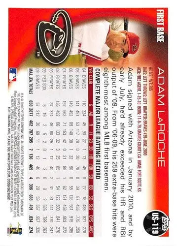 Original gloss baseball trading card of Adam LaRoche from 2010 Topps Update series