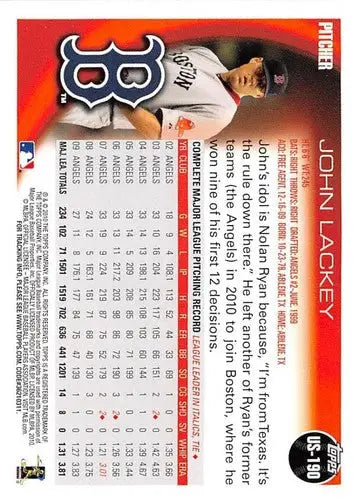 Back of 2010 Topps Update John Lackey baseball card with stats and biographical info