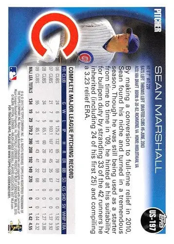 Original gloss baseball trading card of Sean Marshall from 2010 Topps Update Cubs collection