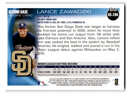 2010 Topps Update #US-296 Lance Zawadzki NM-MT RC Rookie Padres ID:70475 - Baseball Card Single